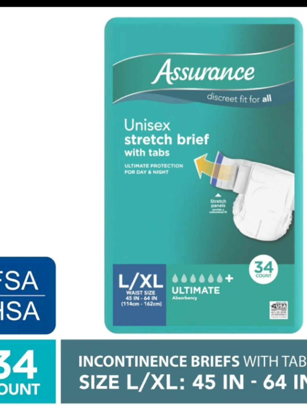 Assurance Unisex Stretch Briefs with Tabs, L/XL, 34 Count